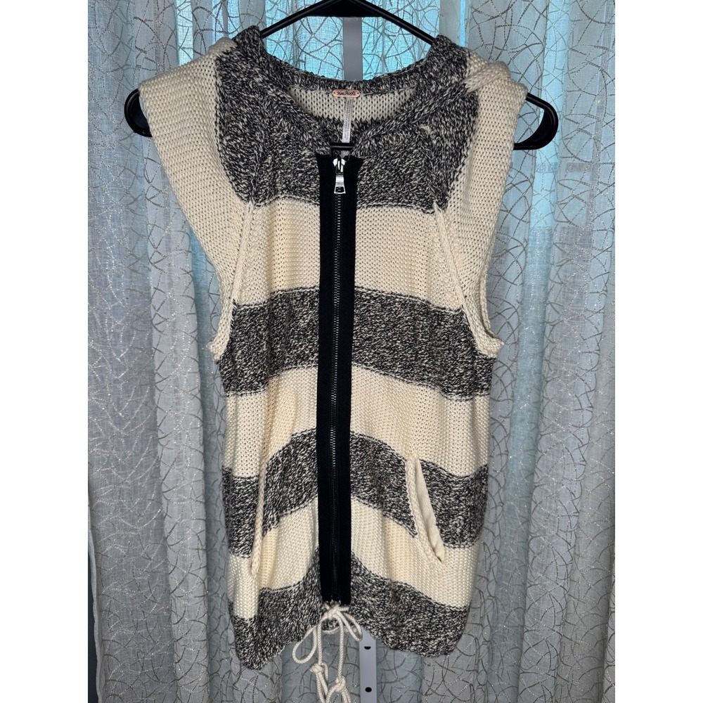 Free People Cream and Black Striped Knit Hooded Zip Vest